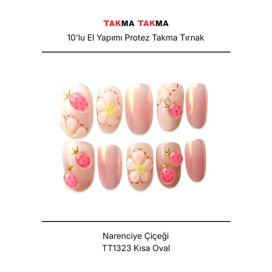 10'lu Pembe Kısa Oval TT1323 Tekrar Kullanılabilir El Yapımı Protez Takma Tırnak