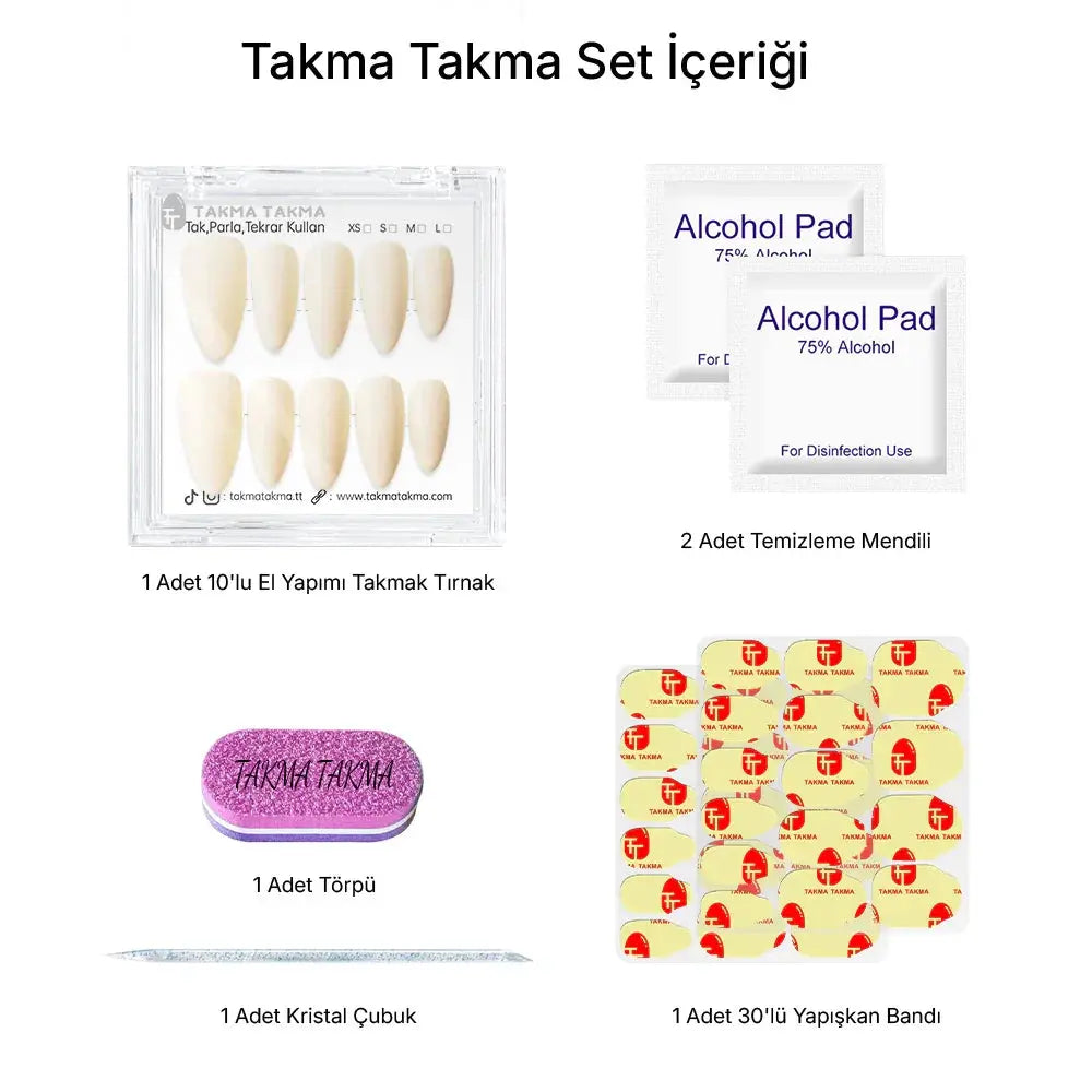 10'lu Beyaz Uzun Badem TT1325 Tekrar Kullanılabilir El Yapımı Protez Takma Tırnak Takma Takma