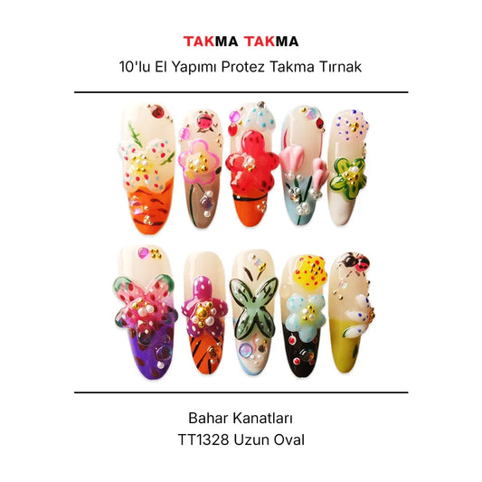 10'lu Renkli Uzun Oval TT1328 Tekrar Kullanılabilir El Yapımı Protez Takma Tırnak