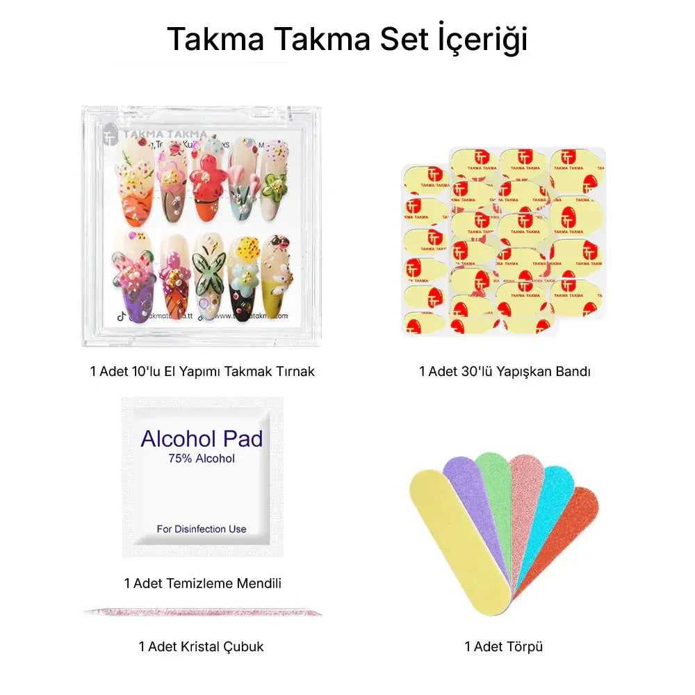 10'lu Renkli Uzun Oval TT1328 Tekrar Kullanılabilir El Yapımı Protez Takma Tırnak Takma Takma