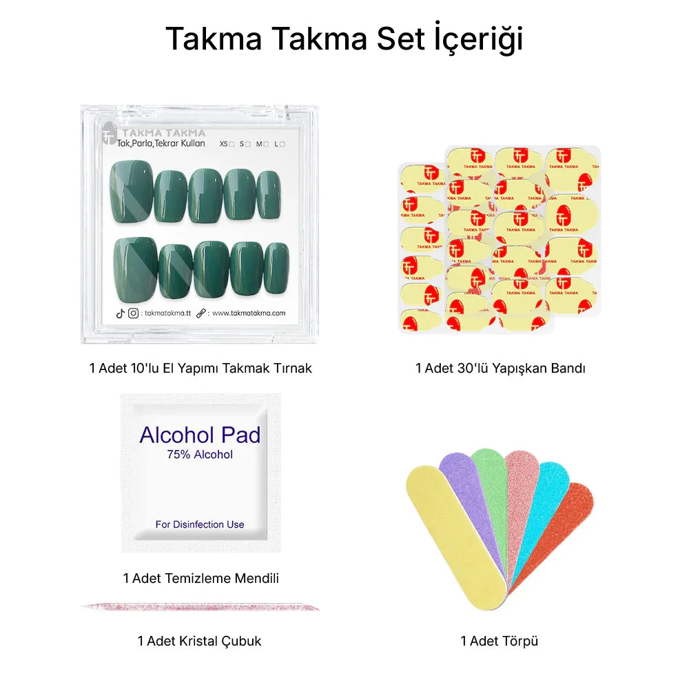 10'lu Yeşil Kısa Kare TT1333 Tekrar Kullanılabilir El Yapımı Protez Takma Tırnak Takma Takma