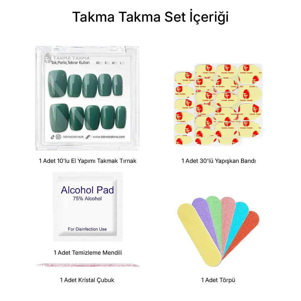 10'lu Yeşil Kısa Kare TT1333 Tekrar Kullanılabilir El Yapımı Protez Takma Tırnak Takma Takma