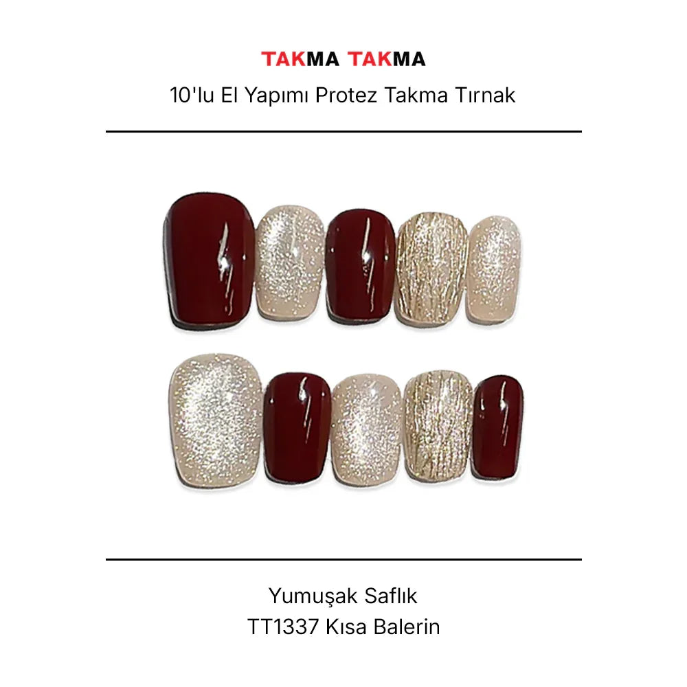 10'lu Bordo Kısa Balerin TT1337 Tekrar Kullanılabilir El Yapımı Protez Takma Tırnak Takma Takma