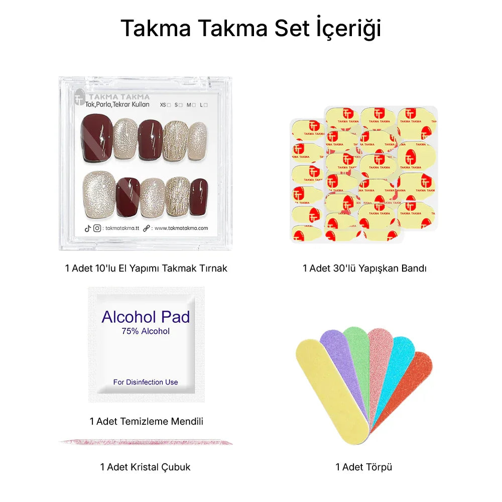 10'lu Bordo Kısa Balerin TT1337 Tekrar Kullanılabilir El Yapımı Protez Takma Tırnak Takma Takma