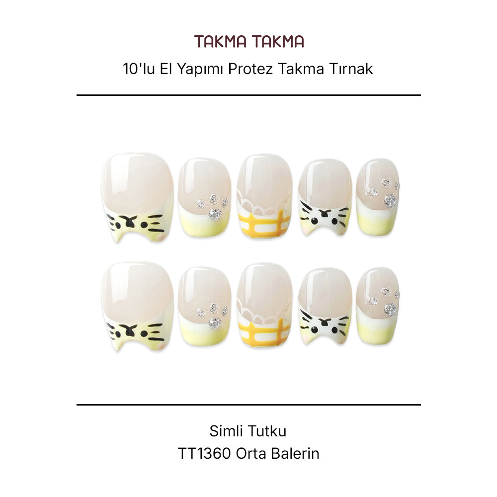 Tekrar Kullanılabilir El Yapımı Protez Takma Tırnak TT1360 - Simli Tutku - 10'lu