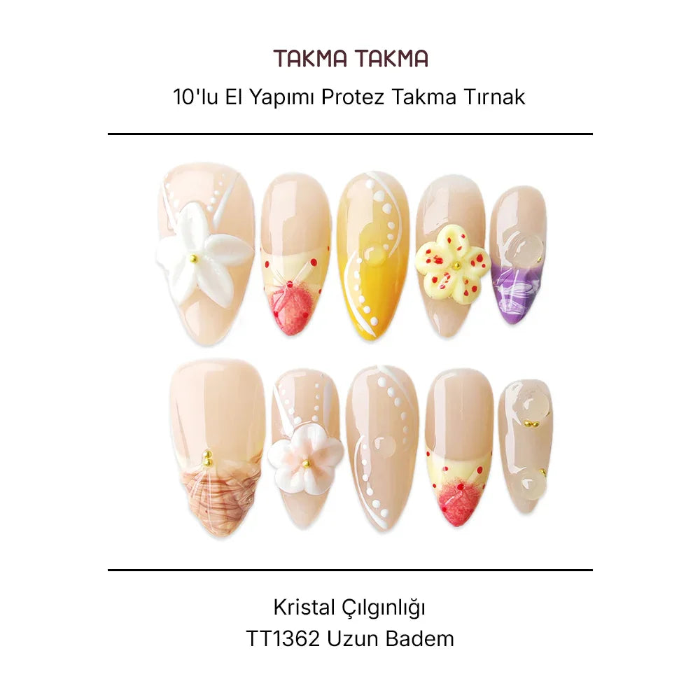 10'lu Ten Rengi Uzun Badem TT1362 Tekrar Kullanılabilir El Yapımı Protez Takma Tırnak