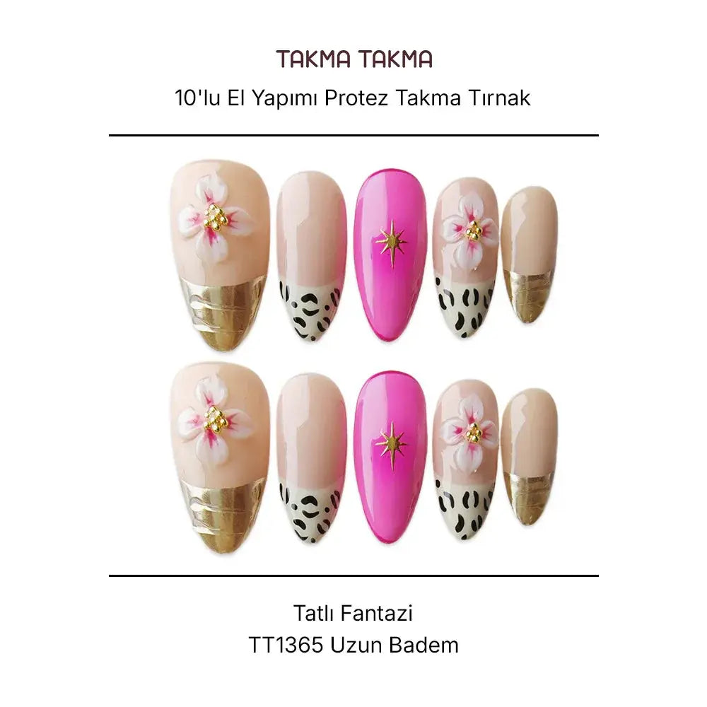10'lu Pembe Uzun Badem TT1365 Tekrar Kullanılabilir El Yapımı Protez Takma Tırnak Takma Takma