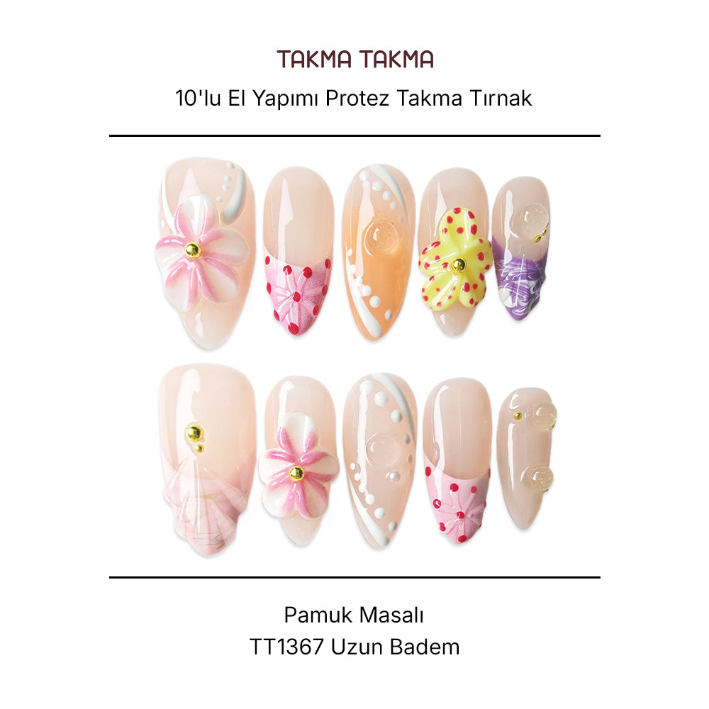 Tekrar Kullanılabilir El Yapımı Protez Takma Tırnak TT1367 Pamuk Masalı 10'lu