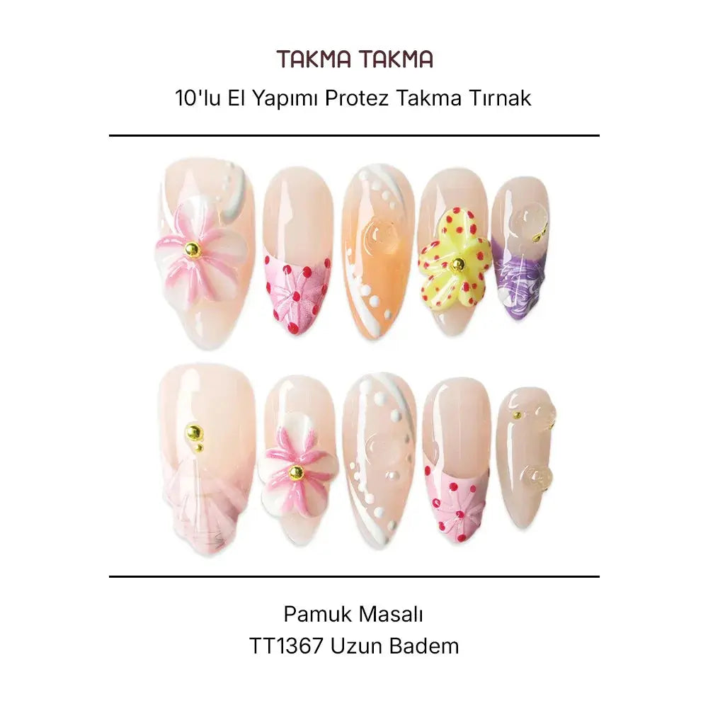 10'lu Pembe Uzun Badem TT1367 Tekrar Kullanılabilir El Yapımı Protez Takma Tırnak Takma Takma