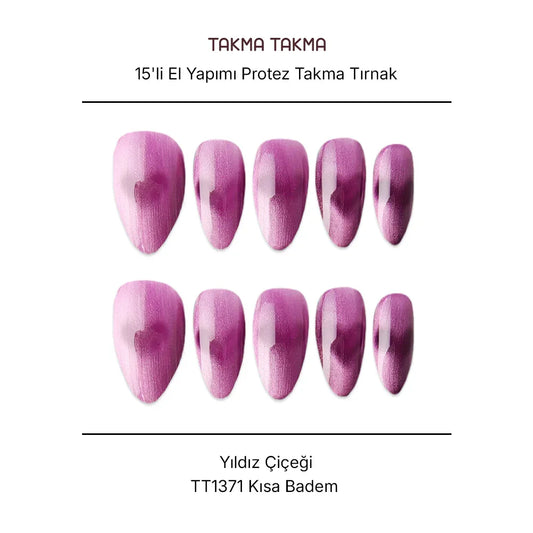 15'li Mor Kısa Badem TT1371 Tekrar Kullanılabilir El Yapımı Protez Takma Tırnak