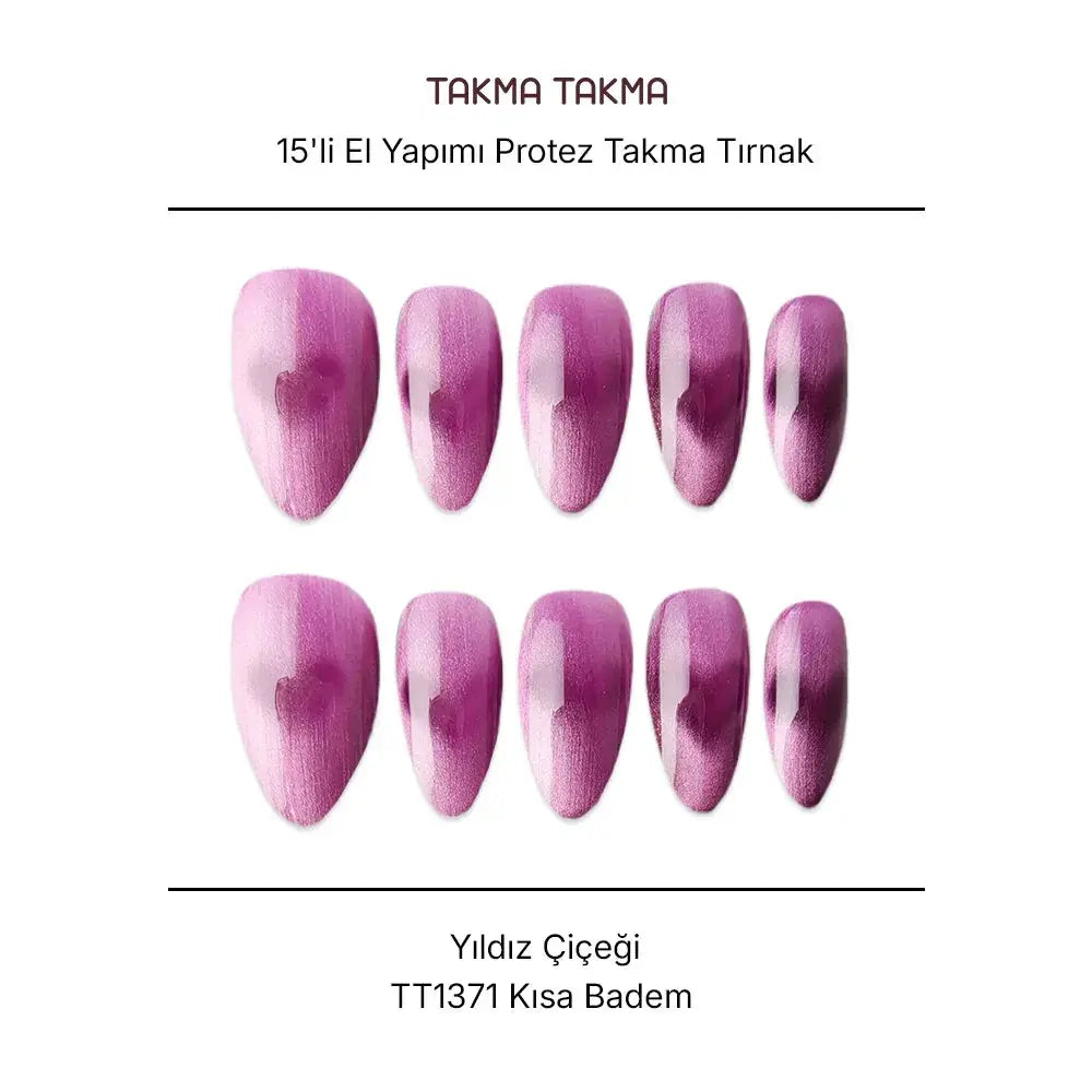 15'li Mor Kısa Badem TT1371 Tekrar Kullanılabilir El Yapımı Protez Takma Tırnak Takma Takma