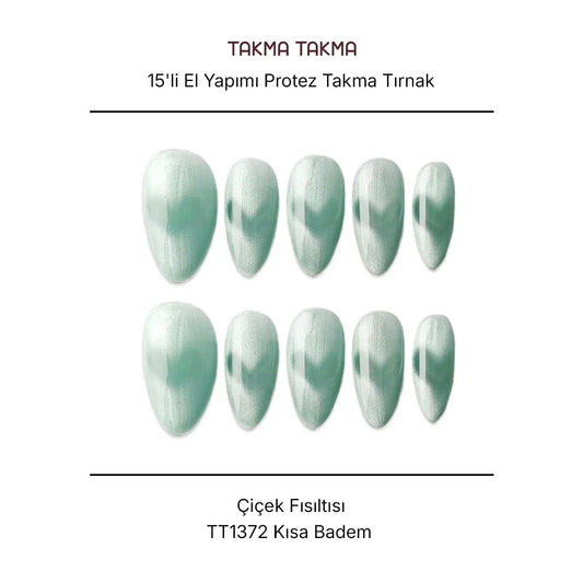 15'li Mavi Kısa Badem TT1372 Tekrar Kullanılabilir El Yapımı Protez Takma Tırnak