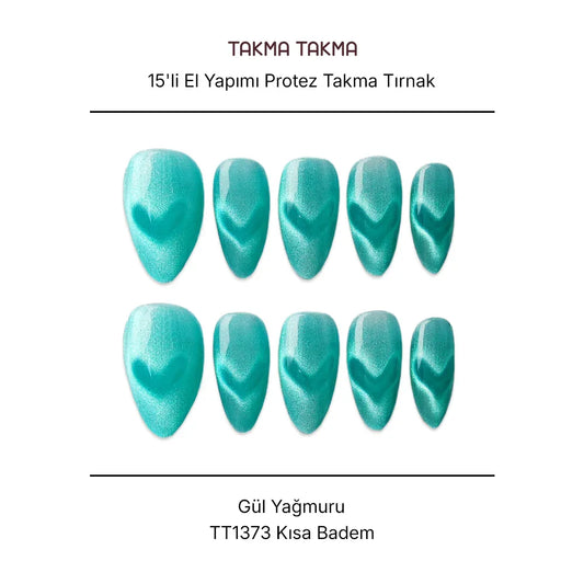15'li Yeşil Kısa Badem TT1373 Tekrar Kullanılabilir El Yapımı Protez Takma Tırnak