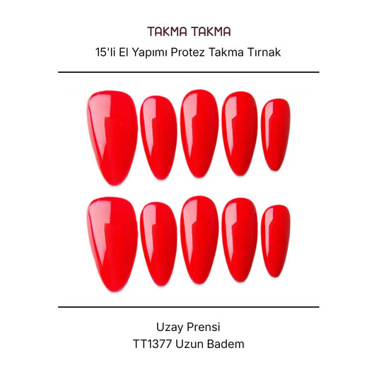15'li Kırmızı Uzun Badem TT1377 Tekrar Kullanılabilir El Yapımı Protez Takma Tırnak
