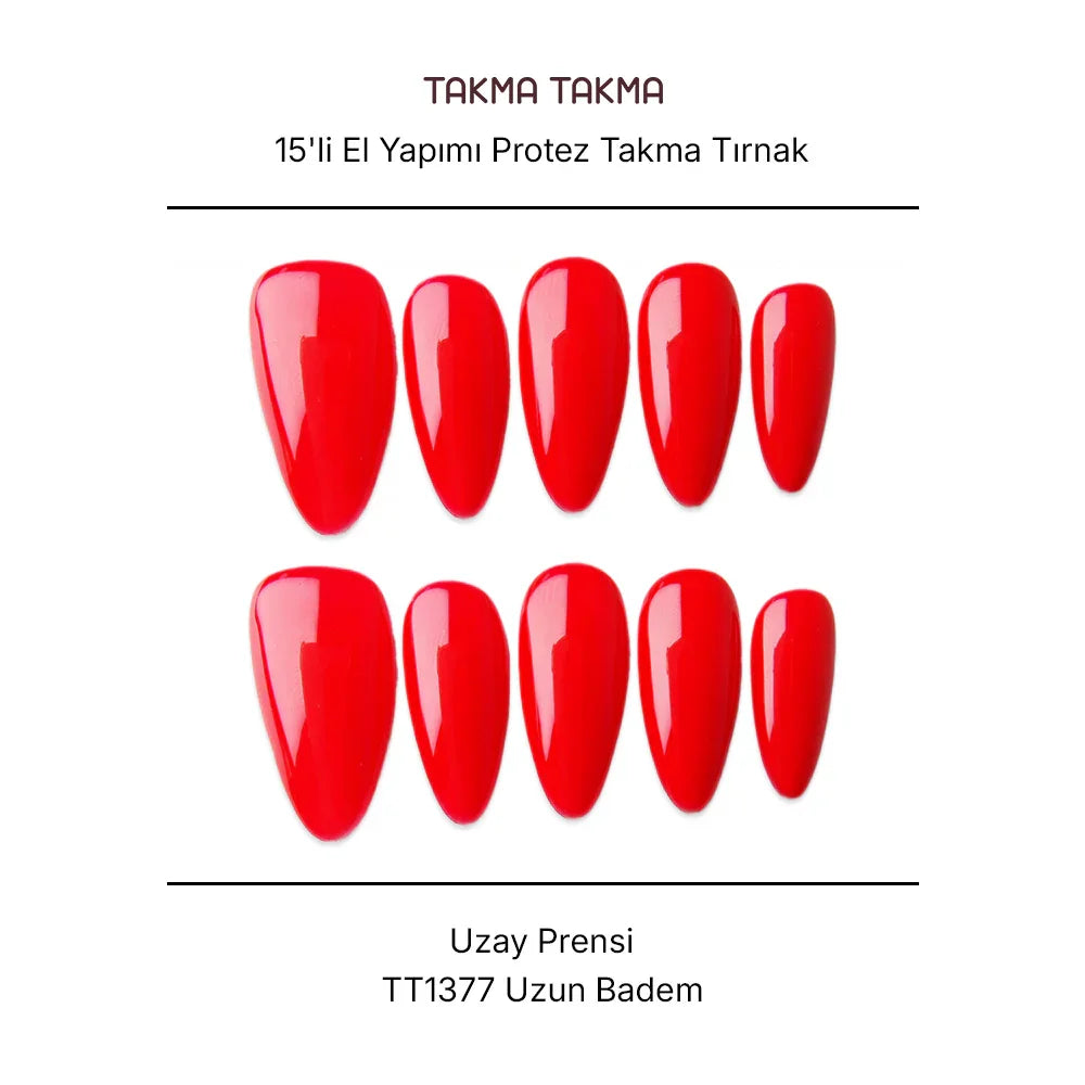 15'li Kırmızı Uzun Badem TT1377 Tekrar Kullanılabilir El Yapımı Protez Takma Tırnak Takma Takma