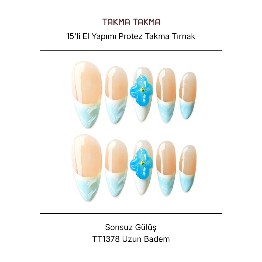 15'li Mavi Uzun Badem TT1378 Tekrar Kullanılabilir El Yapımı Protez Takma Tırnak