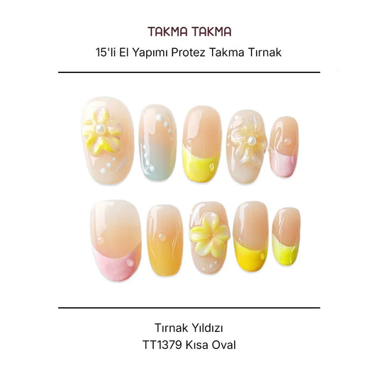 15'li Pembe Kısa Oval TT1379 Tekrar Kullanılabilir El Yapımı Protez Takma Tırnak