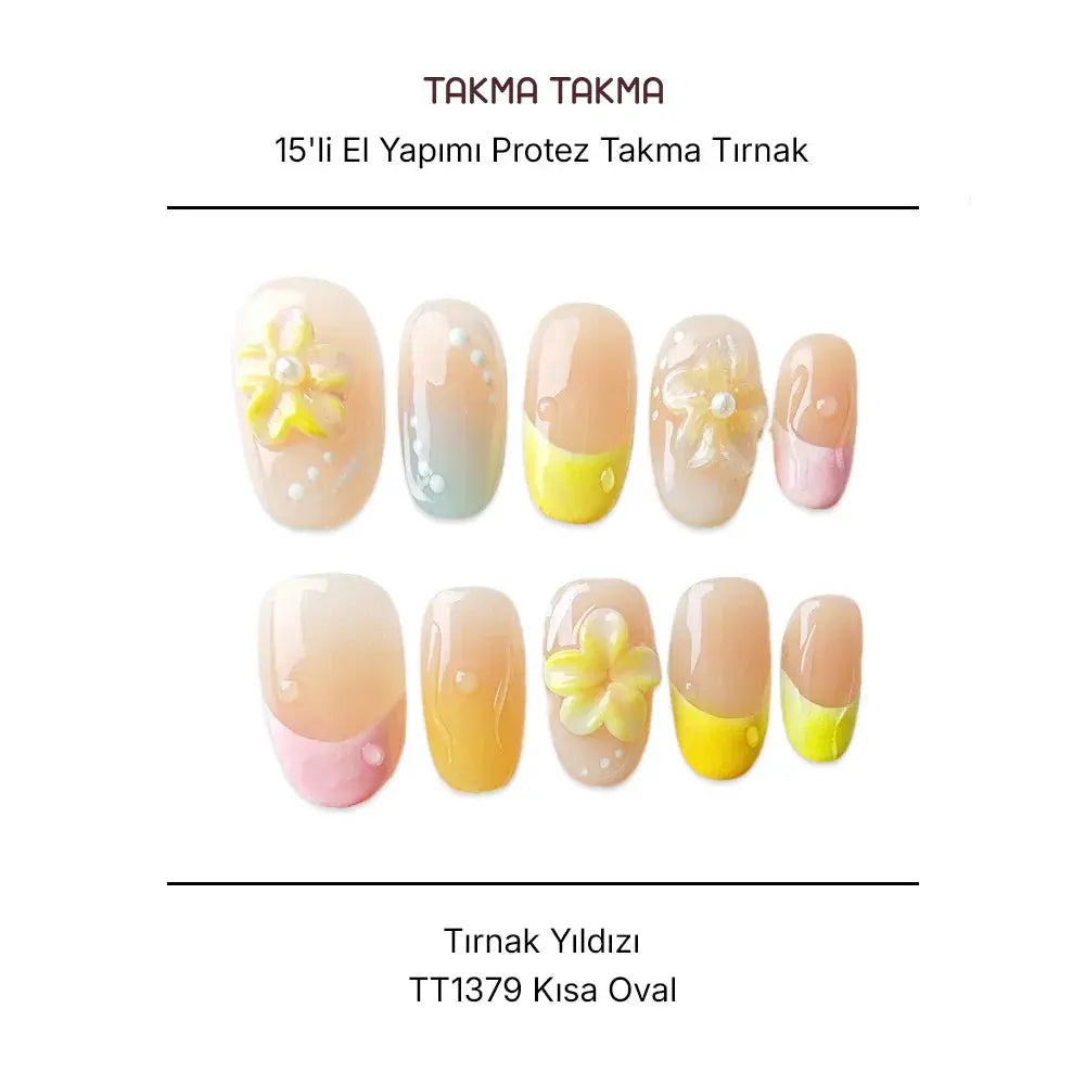 15'li Pembe Kısa Oval TT1379 Tekrar Kullanılabilir El Yapımı Protez Takma Tırnak Takma Takma