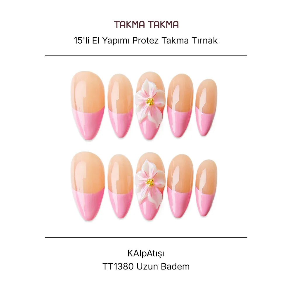 15'li Pembe Uzun Badem TT1380 Tekrar Kullanılabilir El Yapımı Protez Takma Tırnak Takma Takma