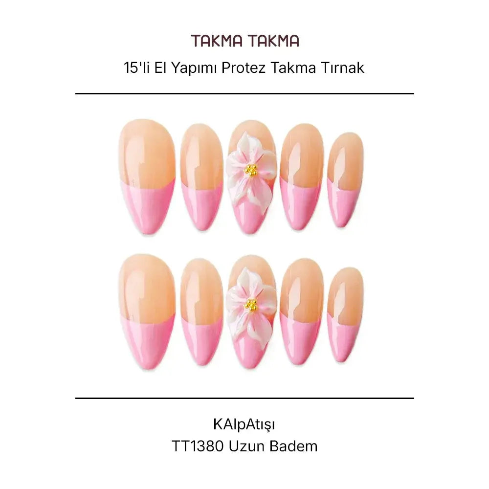 15'li Pembe Uzun Badem TT1380 Tekrar Kullanılabilir El Yapımı Protez Takma Tırnak Takma Takma