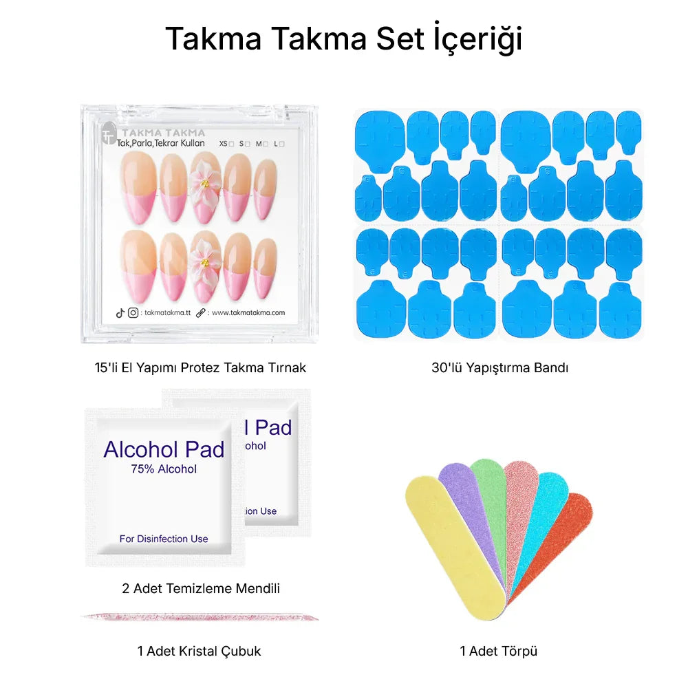 15'li Pembe Uzun Badem TT1380 Tekrar Kullanılabilir El Yapımı Protez Takma Tırnak Takma Takma