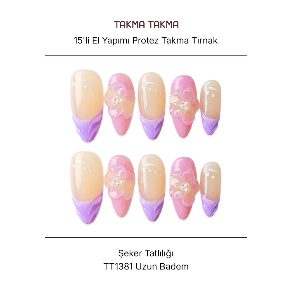Tekrar Kullanılabilir El Yapımı Protez Takma Tırnak TT1381 - Şeker Tatlılığı 15'li