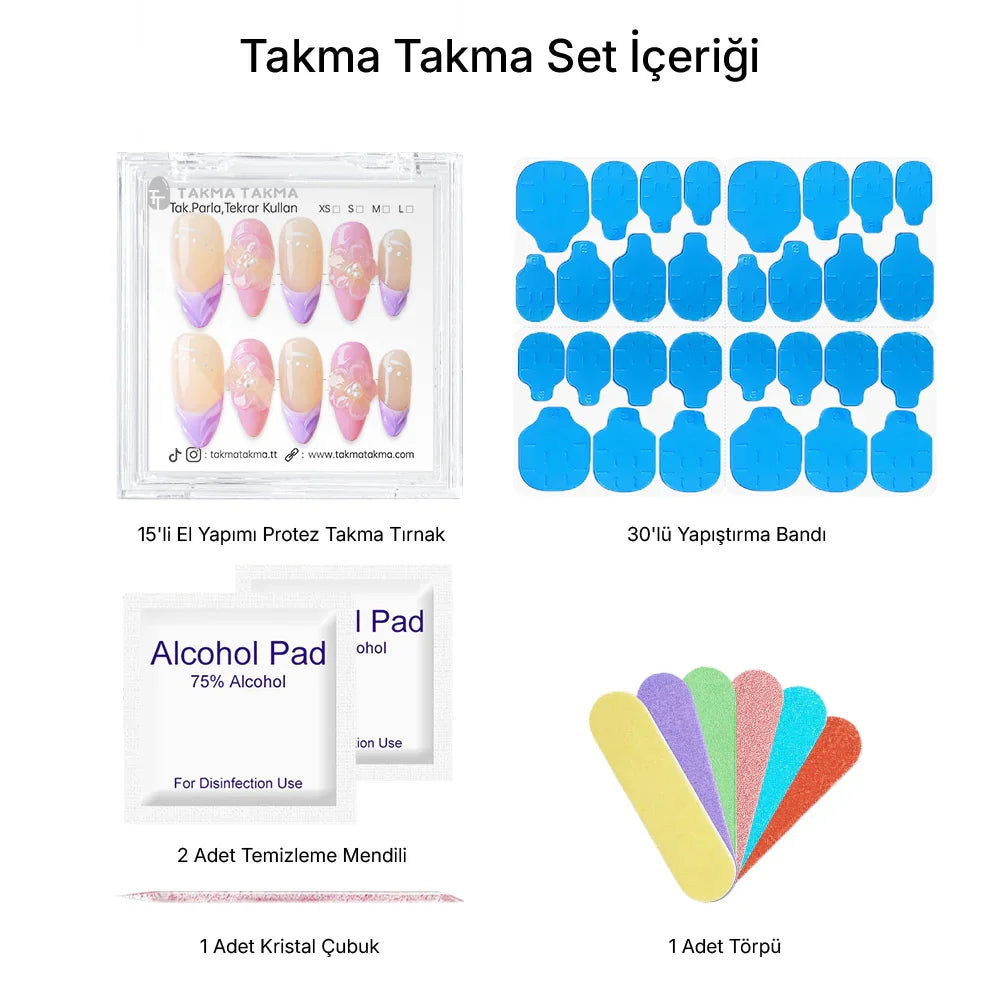 Tekrar Kullanılabilir El Yapımı Protez Takma Tırnak TT1381 - Şeker Tatlılığı 15'li