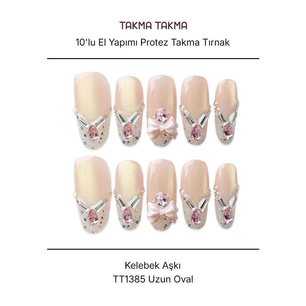 10'lu Ten Rengi Uzun Oval TT1385 Tekrar Kullanılabilir El Yapımı Protez Takma Tırnak