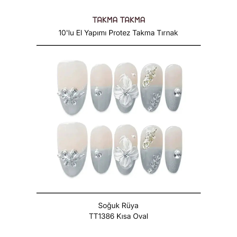 10'lu Mavi Kısa Oval TT1386 Tekrar Kullanılabilir El Yapımı Protez Takma Tırnak Takma Takma