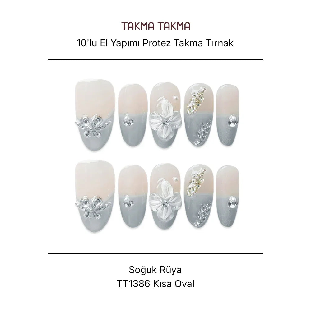 10'lu Mavi Kısa Oval TT1386 Tekrar Kullanılabilir El Yapımı Protez Takma Tırnak