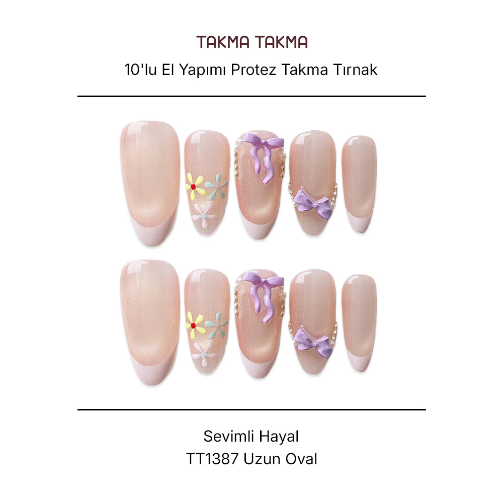 Tekrar Kullanılabilir El Yapımı Protez Takma Tırnak TT1387 - Sevimli Hayal - 10'lu