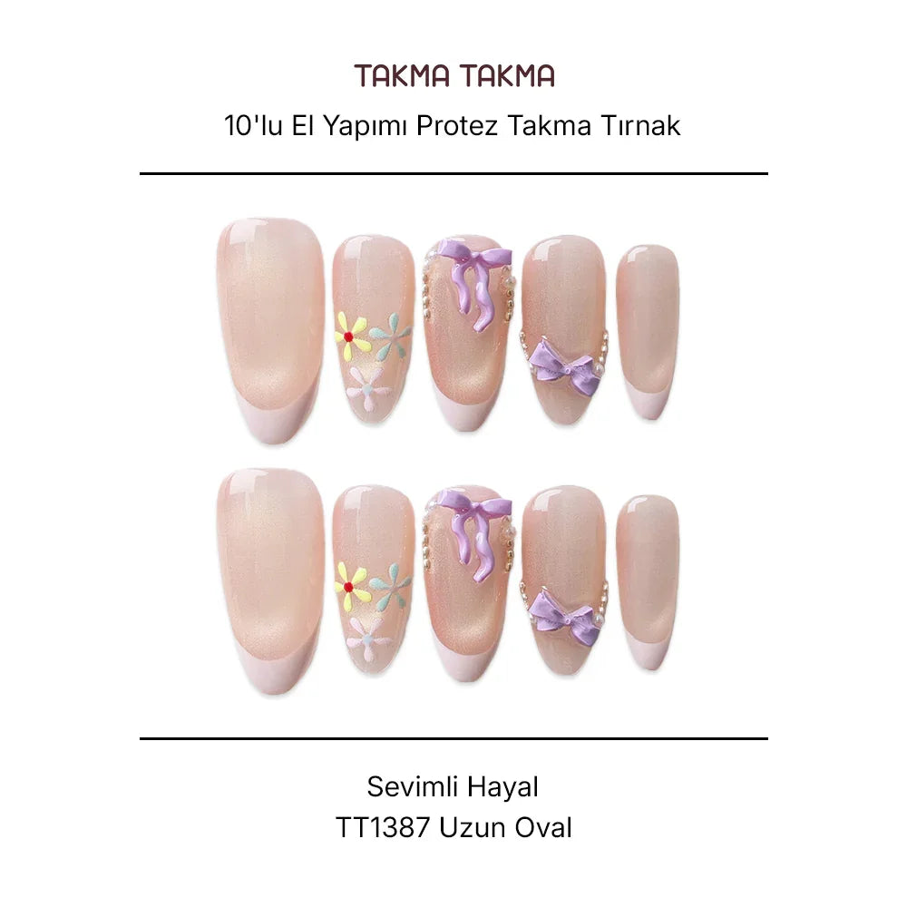 10'lu Pembe Uzun Oval  TT1387 Tekrar Kullanılabilir El Yapımı Protez Takma Tırnak