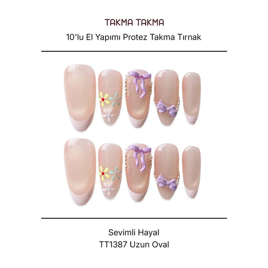 10'lu Pembe Uzun Oval  TT1387 Tekrar Kullanılabilir El Yapımı Protez Takma Tırnak