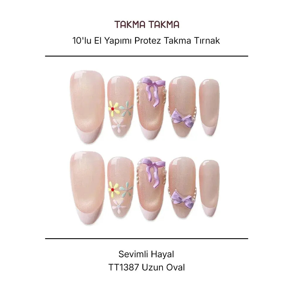 10'lu Pembe Uzun Oval TT1387 Tekrar Kullanılabilir El Yapımı Protez Takma Tırnak Takma Takma
