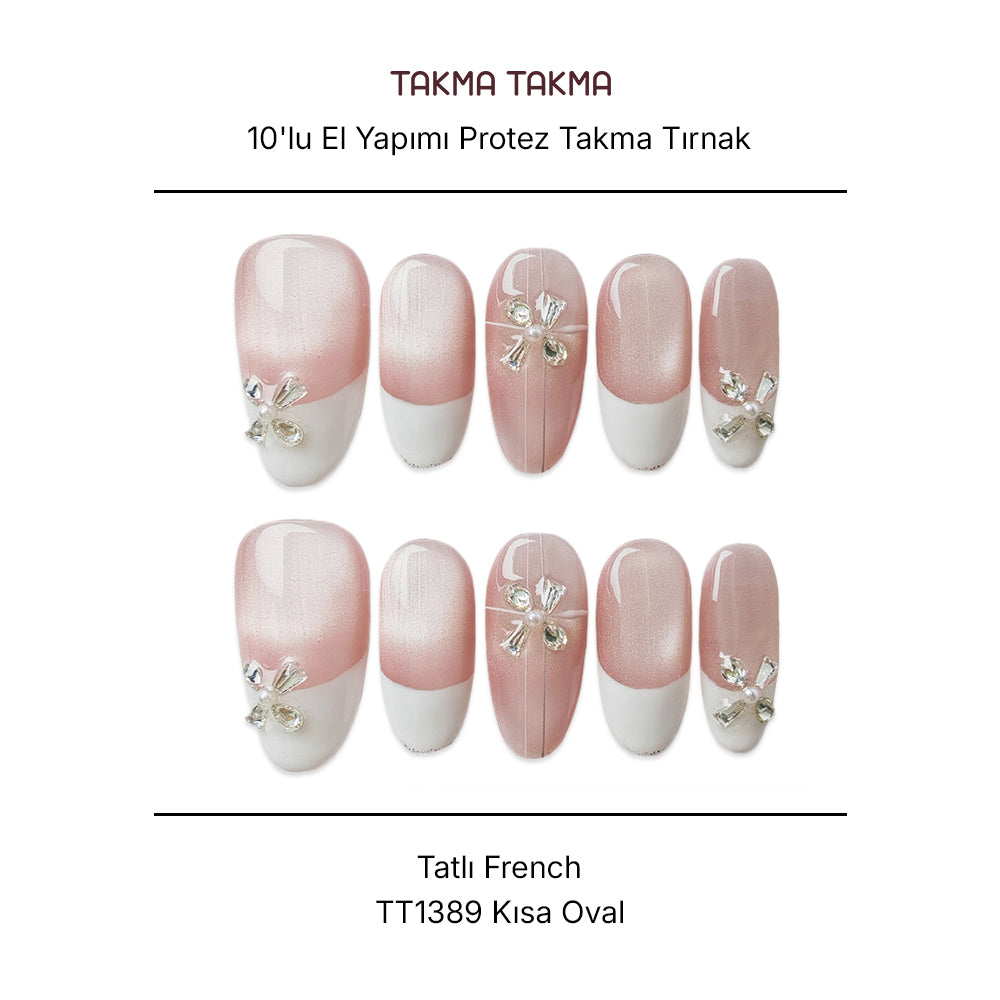 Tekrar Kullanılabilir El Yapımı Protez Takma Tırnak TT1389 - Taşlı French - 10'lu