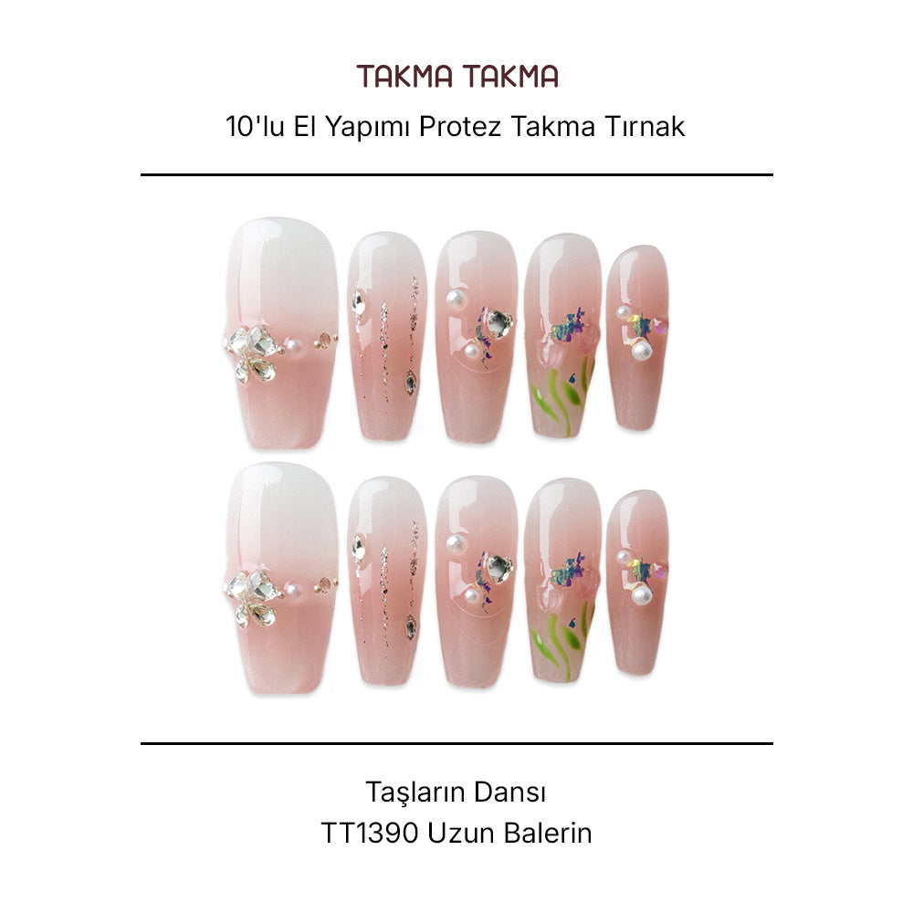 Tekrar Kullanılabilir El Yapımı Protez Takma Tırnak TT1390 - Taşların Dansı 10'lu