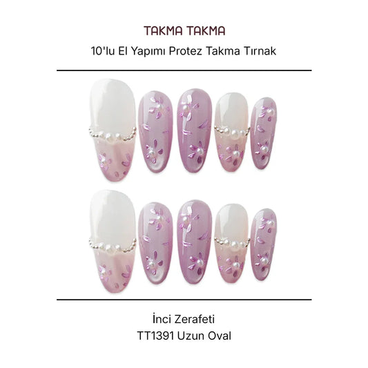 10'lu Mor Uzun Oval  TT1391 Tekrar Kullanılabilir El Yapımı Protez Takma Tırnak
