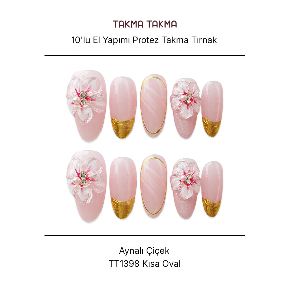 Tekrar Kullanılabilir El Yapımı Protez Takma Tırnak TT1398 Aynalı Çiçek 10'lu