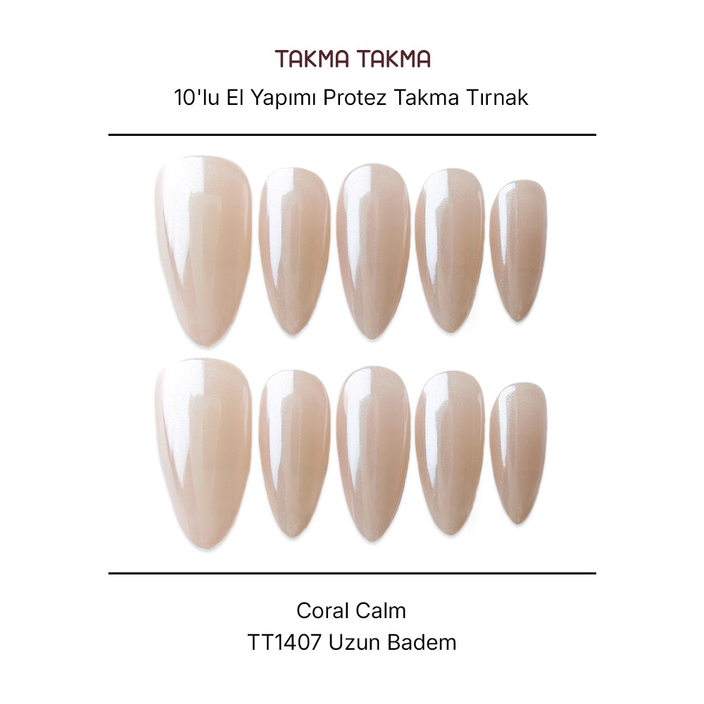 Tekrar Kullanılabilir El Yapımı Protez Takma Tırnak TT1407 Coral Calm 10'lu