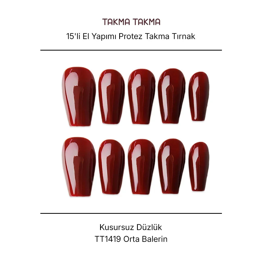 15'li Bordo Orta Balerin TT1419 Tekrar Kullanılabilir El Yapımı Protez Takma Tırnak