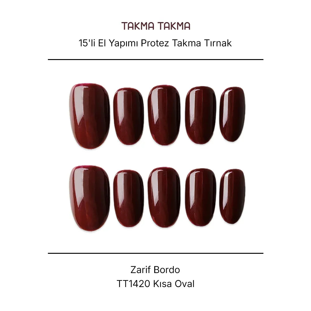 Tekrar Kullanılabilir El Yapımı Protez Takma Tırnak TT1420 Zarif Bordo 15'li