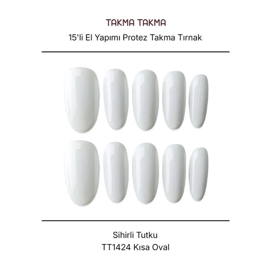 15'li Beyaz Kısa Oval TT1424 Tekrar Kullanılabilir El Yapımı Protez Takma Tırnak