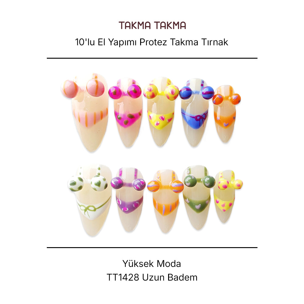 Tekrar Kullanılabilir El Yapımı Protez Takma Tırnak TT1428 Yüksek Moda 10'lu