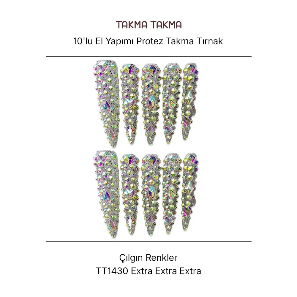 10'lu Beyaz Extra Extra Extra TT1430 Tekrar Kullanılabilir El Yapımı Protez Takma Tırnak Takma Takma