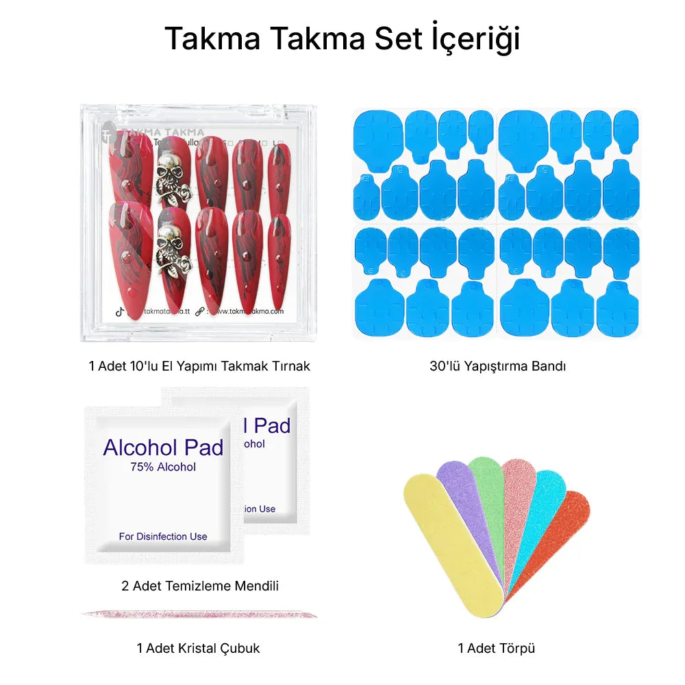 10'lu Kırmızı Extra Extra Extra TT1431 Tekrar Kullanılabilir El Yapımı Protez Takma Tırnak Takma Takma