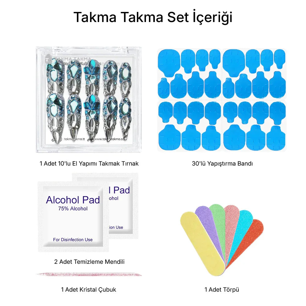 10'lu Mavi Extra Extra Extra TT1433 Tekrar Kullanılabilir El Yapımı Protez Takma Tırnak Takma Takma