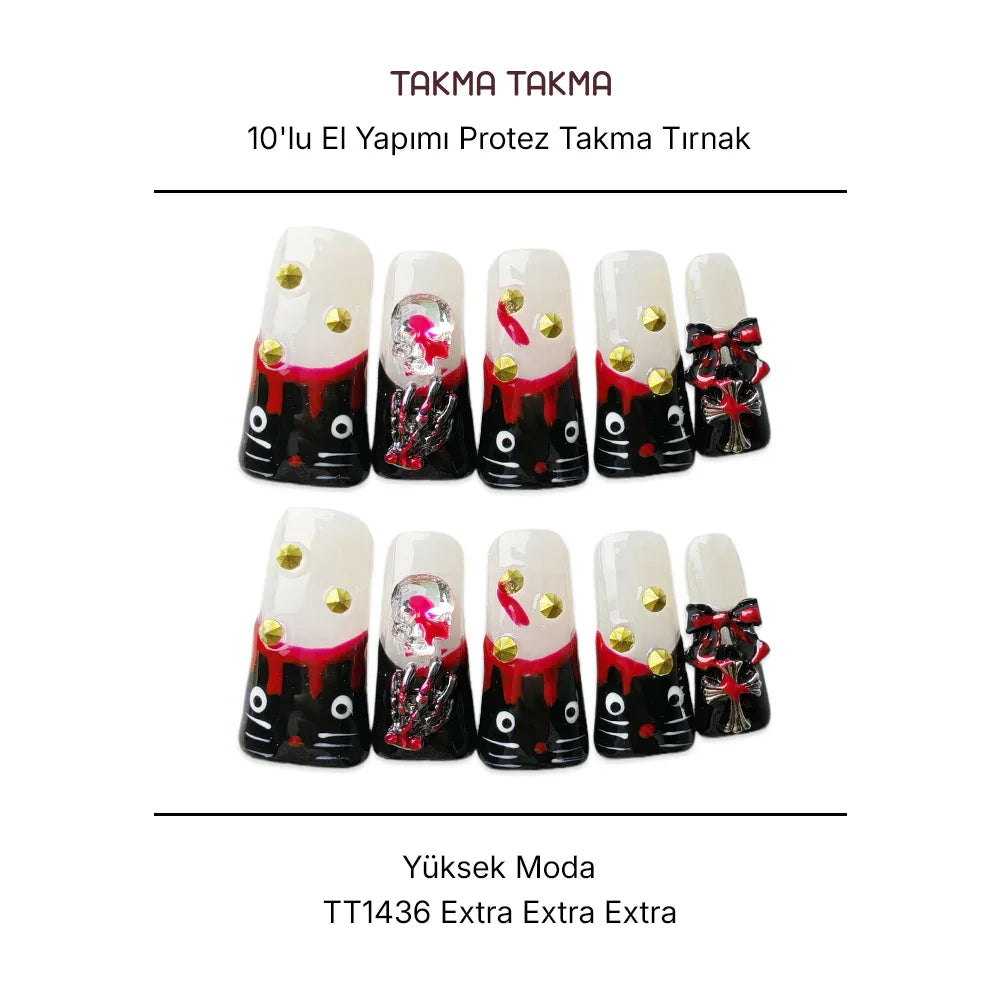 10'lu Siyah Extra Extra Extra TT1436 Tekrar Kullanılabilir El Yapımı Protez Takma Tırnak Takma Takma