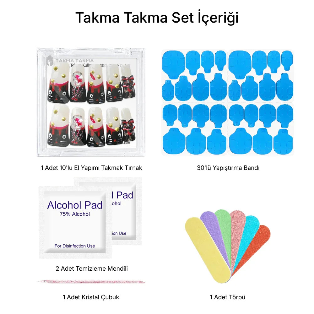 10'lu Siyah Extra Extra Extra TT1436 Tekrar Kullanılabilir El Yapımı Protez Takma Tırnak