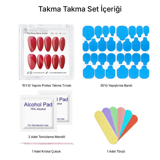 10'lu Kırmızı Uzun Badem TT1448 Tekrar Kullanılabilir El Yapımı Protez Takma Tırnak