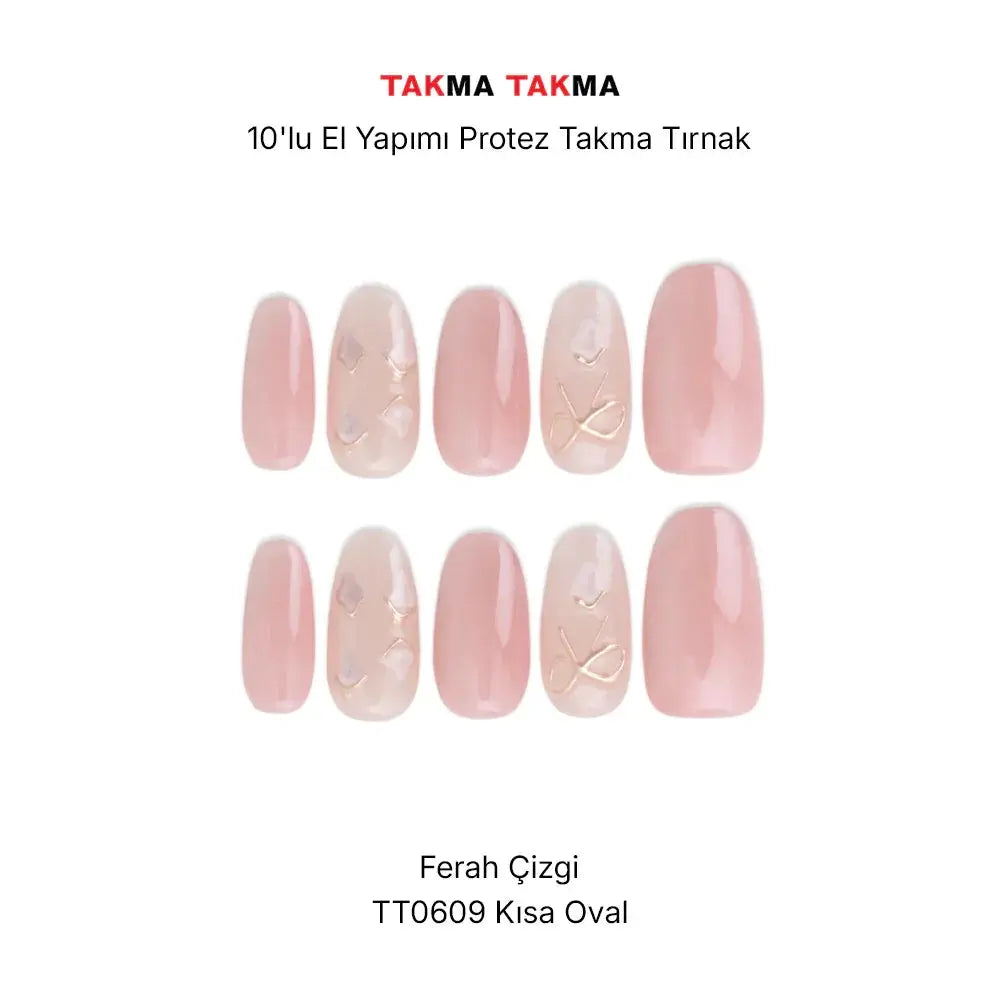 10'lu Pembe Kısa Oval TT609 Tekrar Kullanılabilir El Yapımı Protez Takma Tırnak Takma Takma